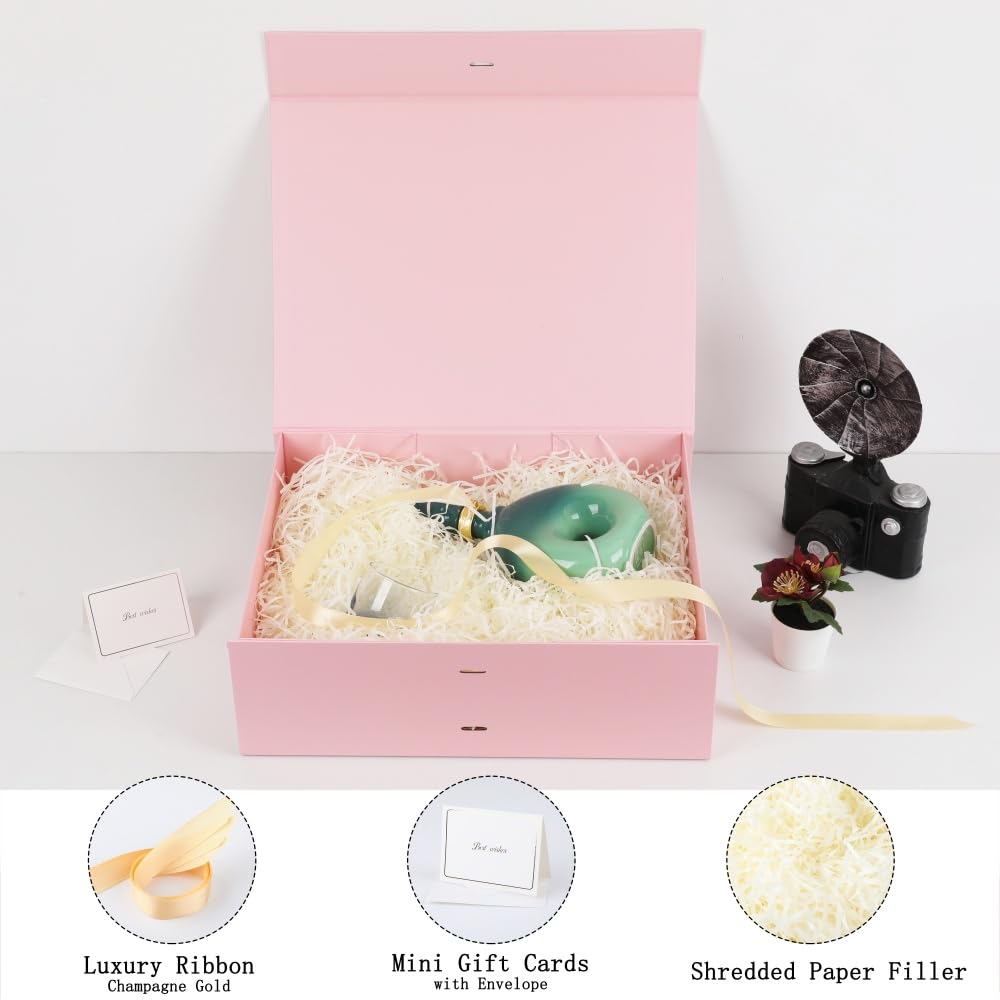 Skivra Large Pink Gift Box with Ribbon - 16.5x13x5.3 Inch Extra Large Collapsible Luxury Gift Box for Mother's Day with Magnetic Closure & Shredded Paper Filler