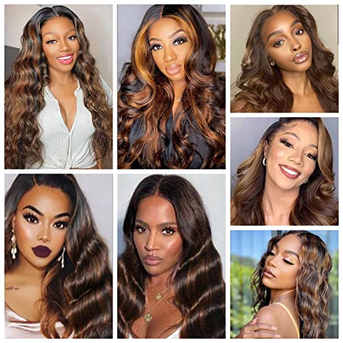 Highlight Brown Body Wave Virgin Hair 3 Bundles 10 12 14 Inch 10A Brazilian Human Hair Extensions Ombre Color Body Wavy Human Hair Weave Bundles (FB30, 10 12 14)