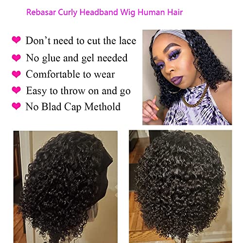 Rebasar Curly Headband Wig Human Hair Wigs for Black Women Human Hair 22 Inch Long No Lace Front Wigs Human Hair Glueless Deep Wave Headband Wigs Natural Black Color Half Wig with Headband