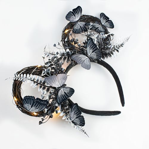 JIAHANG LED Flashing Black Mouse Ear Headband with Butterflies, Light Up Woodland Elf Fairy Headwear for Women Girls