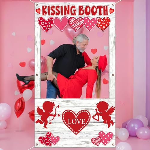 Valentine's Day Party Decorations Kissing Booth Theme Photo Booth Props Cupid Love Heart Banner Valentine Picture Frame fo...