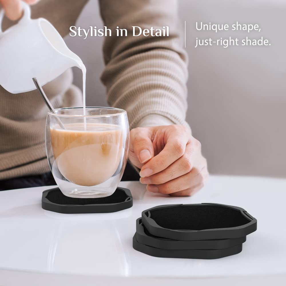 UMIRRO Absorbent Coasters for Drinks, Cool Silicone Cup Coaster with Felt Insert for Modern Coffee Table Decor, Small Unique Birthday Gift Ideas for Men Dad Him Women Mom Her, 4", Black, Set of 4