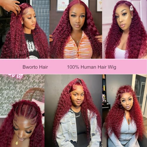 Burgundy Wig Human Hair 99j Burgundy 13x6 Deep Wave Lace Front Wigs Human Hair Pre Plucked HD Transparent Lace Frontal Wigs for Black Women Red Colored Wig 18 Inch