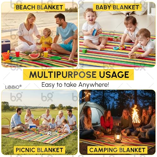 Libibio Extra Large 80"x80" Beach Blanket – Thick 3-Layer Waterproof Sandproof Outdoor Mat – Picnic Blanket for 6-8 People...