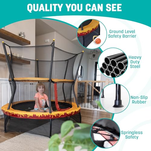 Skywalker Trampolines 60" No-Spring Design Mini Trampoline for Kids and Toddlers with Enclosure Net, Indoor/Outdoor Trampoline with 360-Degree Padded Handlebar, 100lbs Capacity, for Boys & Girls