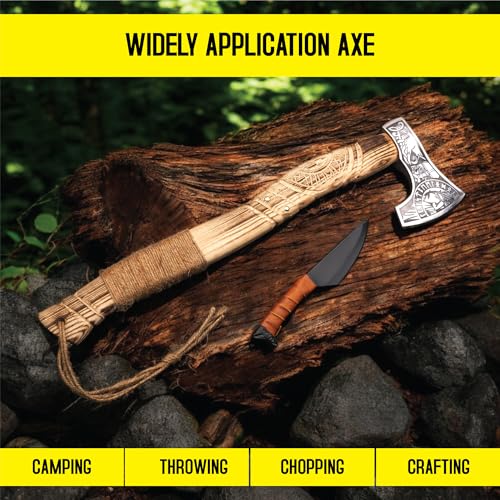 Viking Axe with Gift Viking Knife Also Leather Sheaths, Carbon Steel, Carved Wooden Handle, Bearded Heaven Hatchet for Cam...