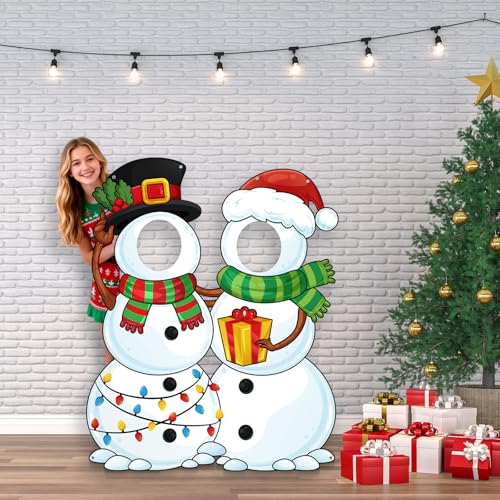 WovWeave Snowman Christmas Photo Booth Fabric Banner with Two Face Cutouts, 55" x 44" Holiday Party Decorations, Winter Ba...