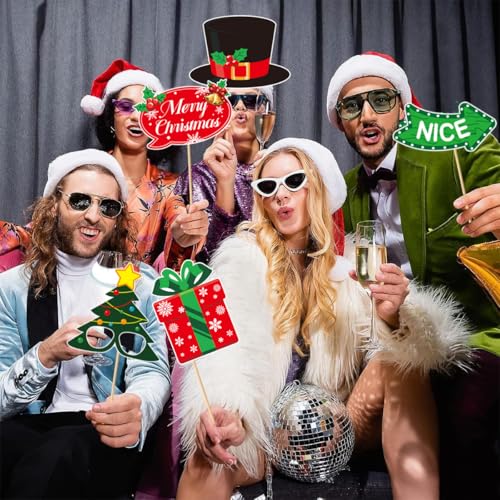 Christmas Photo Booth Props Party Decorations with Photo Frame, Christmas Party Selfie Accessories for Xmas Holiday Party ...