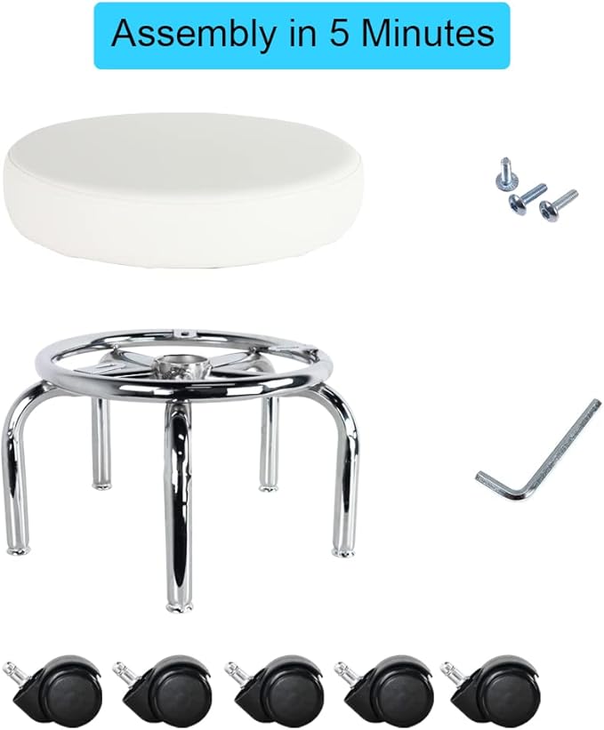WKWKER Modern Roller Seat PU Leather Low Round Rolling Stool 360° Swivel Small Low Seat with Universal Caster Wheels Foot Stool for Home Office Garage Shop Fitness Sport H:12.4" (White)