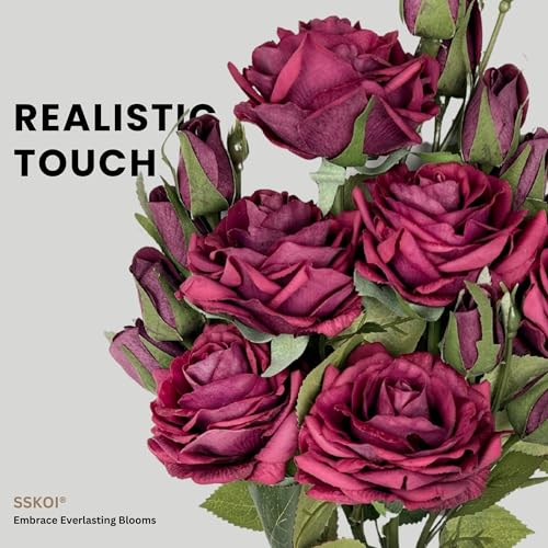SSKOI Real Touch Artificial Roses, 8PCS Long Stem Faux Flowers with Gift Box That Converts Into Vase, Allergy-Safe Realistic Fake Roses for Home, Kitchen, Office, Wedding Décor, Gift Arrangement