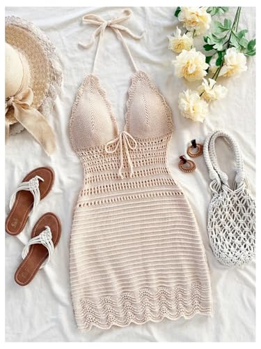 GORGLITTER Women's Crochet Halter Mini Dress Sundress Bow Tie Backless Bodycon Knit Dresses Summer Vacation Beach Outfits