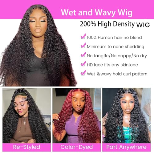 Water Wave Lace Front Wigs Human Hair Pre Plucked Bleached Knots Wet and Wavy 13x6 HD Lace Frontal Wigs for Black Women 200% Density Brazilian Remy Human Hair (Water Wave Wig, 24 Inch)
