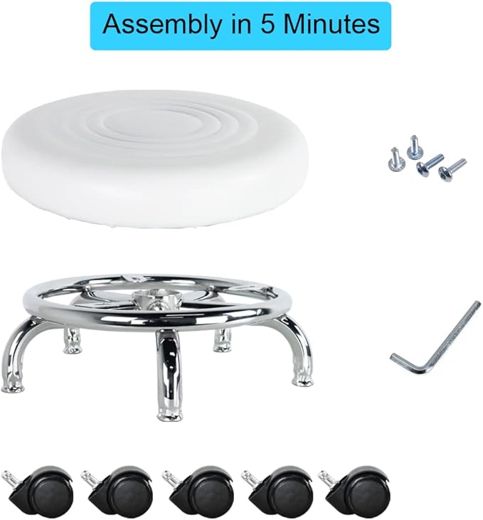 WKWKER Modern Roller Seat PU Leather Foot Stool Low Round Rolling Stool 360° Step Stool Swivel Small Seat with Universal Wheels for Home Office Garage Shop Fitness Sport H:8.4" (White)