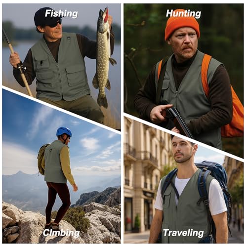HYCOPROT Men’s Outdoor Fishing Vest, Lightweight Waterproof Sleeveless Utility Cargo Jacket for Hiking Hunting