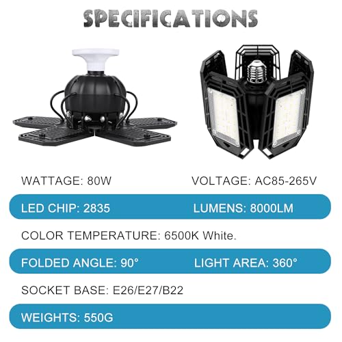Luyata LED Garage Lights 4 Pack,Ceiling LED Shop Light 160W 16000LM 6500K Screw in Led Light with 5+1 Deformable Panels, B...