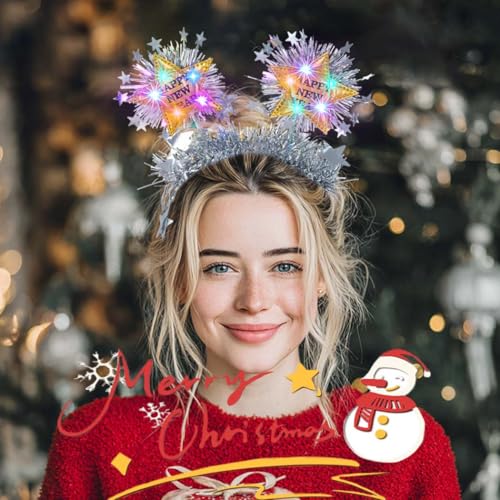 Firuilo Light Up Christmas Headband Glowing Star Tinsel HAairbands Happy New Year Headpieces Xmas Hair Accessories for Women