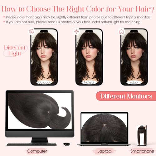 Hairro Mono Hair Toppers with Bangs, 3.4" x 3.4" Mono Base 100% Real Human Hairpieces for Women, 150% Density Clips In Topper for Greyish Thinning Hair, 14 Inch Golden Brown Mix Bleach Blonde