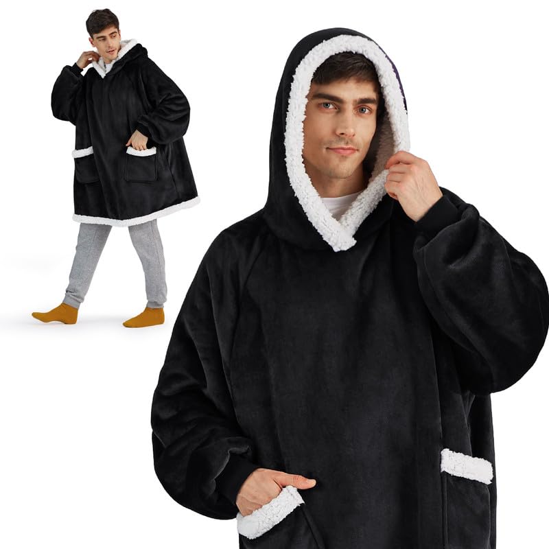 Bedsure Blanket Hoodie, Wearable Blanket for Adults & Kids as Gifts for Women Men, Birthday Gifts for Women Mom Girl Sherpa Oversized Hoodie, Black, Oversize