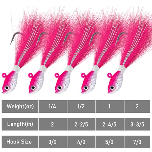 Alwonder 5-Pack Bucktail Jigs Hair Jigs Saltwater Freshwater Fishing Bucktail Lures Surf Fishing Jig Heads White Luminous ...