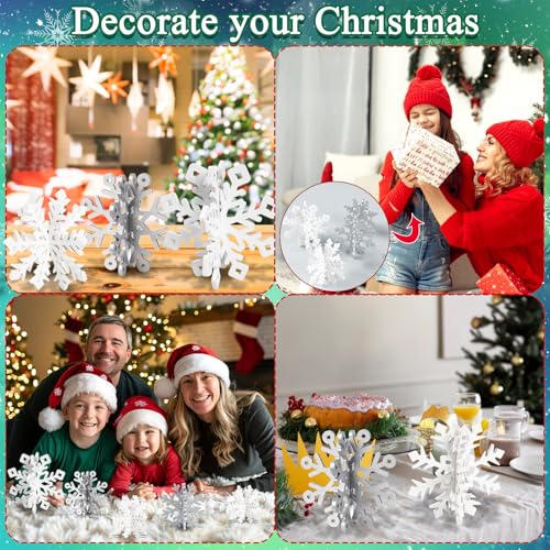 OuMuaMua 12 Set Winter Christmas Centerpiece Table Decorations - 24pcs Wooden Snowflakes Decor 3D Silver White Snowflake T...