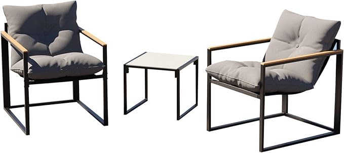 3 Piece Patio Bistro Set, Small Outdoor Furniture with Heat-Resistant Wood Armrests & Breathable Textilene Chairs, Glass Side Table & Thick Cushions for Apartment Balcony, Porch, and Garden (Gray)