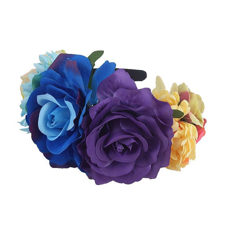 Lofruiin Women's Bohemian Rose Flower Crown Mexican Day of The Dead Headband Halloween Party Costume Headpiece (Colorful Blue Da