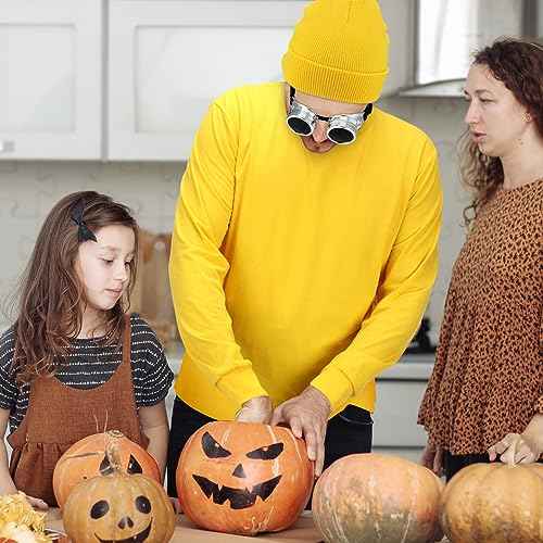 Ramede 3 Pcs Simple Halloween Costume Set Includes Yellow Long Sleeve T-Shirt Cuffed Beanies Hat and Steampunk Goggles