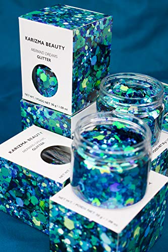 KARIZMA Mermaid Body Glitter. 30g Chunky Face, Hair, Eye and Body for Women. Rave, Festival Accessories, Cosmetic Makeup. Loose Set