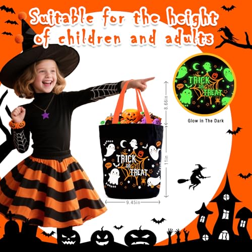 Aleture Trick or Treat Bags, Glow in The Dark Halloween Candy Canvas Tote Bag with Handle, Light Up Ghost Reusable Portable Collapsible Trick or Treat Bucket, Halloween Gifts for Kids Teens Women Men