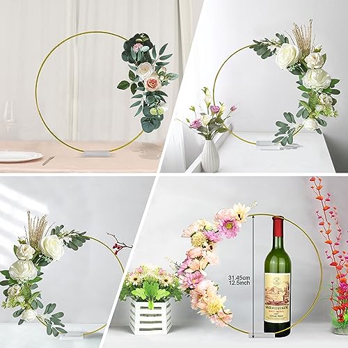 TEKXYZ 12 Inch Gold Metal Floral Hoops with Transparent Acrylic Bases for Table Centerpiece Decoration - Pack of 10