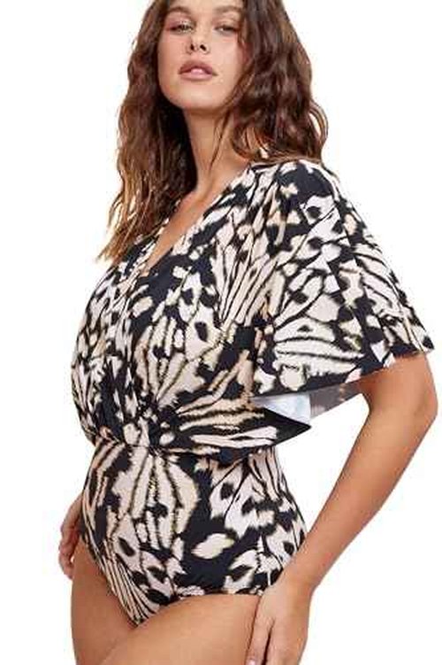 Gottex Women's Standard Modest Printed Blouson with Short Sleeves, One Piece Swimsuit, Black