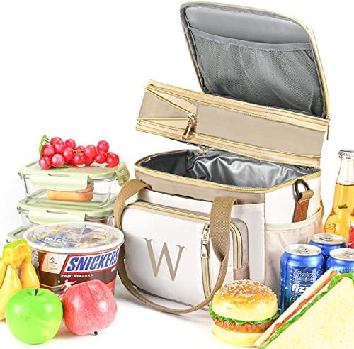 LOKASS Personalized Lunch Bag for Women Work, 16L Initial Insulated Lunch box for Adult/Womens Gift, Leakproof Personalized Gift Lunchbag with Adjustable Shoulder Strap, Cooler Bag Beige - T