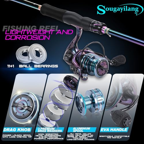 Sougayilang 2 Packs Spinning Fishing Reel Rod Combo, Two Pieces Colorful Poratble Light Weight Fishing Rod with Powerful F...