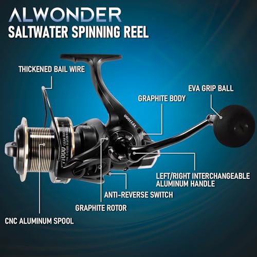 Alwonder Saltwater Spinning Reel 10000/11000 Surf Fishing Reel Graphite 13+1 Stainless Steel BBS 35LB Max Drag Heavy Duty ...