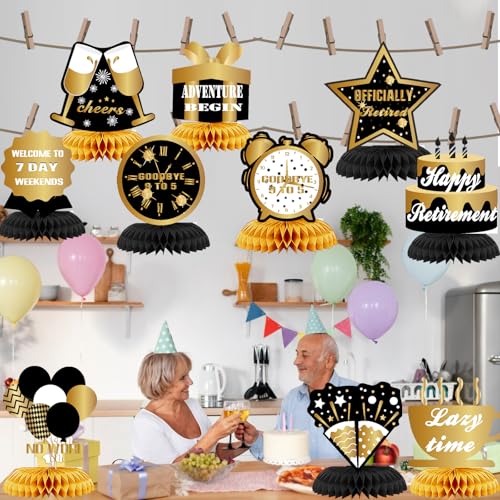 WINPOGEE 10Pcs Happy Retirement Decorations Table Honeycomb Centerpieces Party Supplies Black Gold Retirement Adventure Aw...