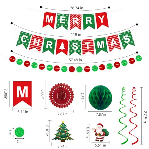 25pcs Christmas Party Decorations Merry Christmas Banner Paper Fan Garlands String Circle Dot Honeycomb Ball Swirl Streame...