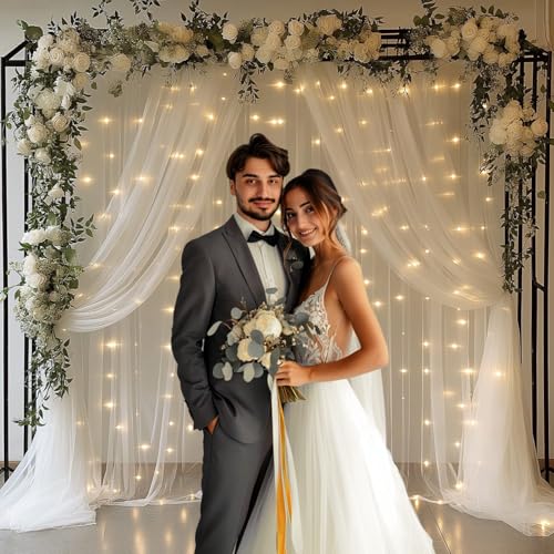 EMHOLDBU 10x10ft White Tulle Backdrop Curtain with Lights String Sheer Drapes for Wedding, Birthday, Baby Shower, Bridal S...