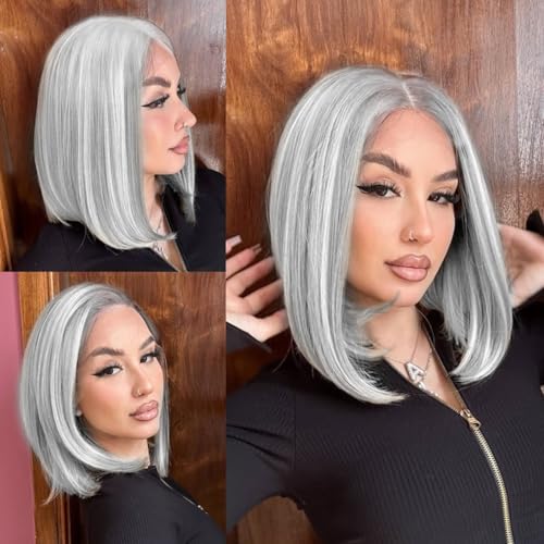 16 Inch Silver Grey Short Straight Bob Wigs Human Hair Short Straight Grey Bob Wig 13x4 HD Lace Front Bob Wigs 180% Density Pre Plucked With Baby Hair for Women