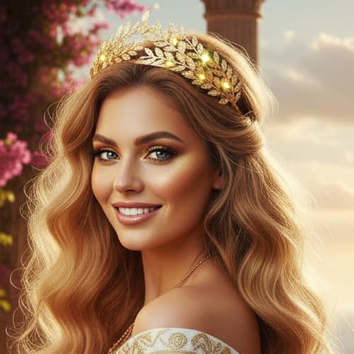 DRESBE Light Up Leaf Headband LED Greek Goddess Headbands Glow Toga Roman Hair Accessories for Women(2pcs) (Gold)