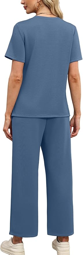 WIHOLL Two Piece Sets for Women Summer Travel Vacation Outfits Short Sleeve Lounge Sets Side Slit Wide Leg Pants S-3XL