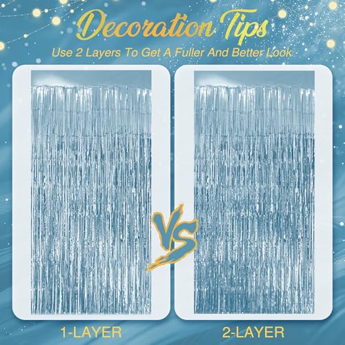 2 Pack Light Blue Fringe Backdrop, 3.2x8.2ft Shining Foil Tinsel Curtains, Birthday Party Decorations Door Streamers for H...