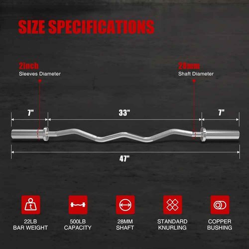 Olympic Barbell EZ Curl Bar, 47INCH/4FT Strength Training Curling Bar with Knurled Grip Chrome Barbell Bar for Weightlifting, Copper Sleeve Barbell for 2-inch Weight Plates, 500 LBS Capacity