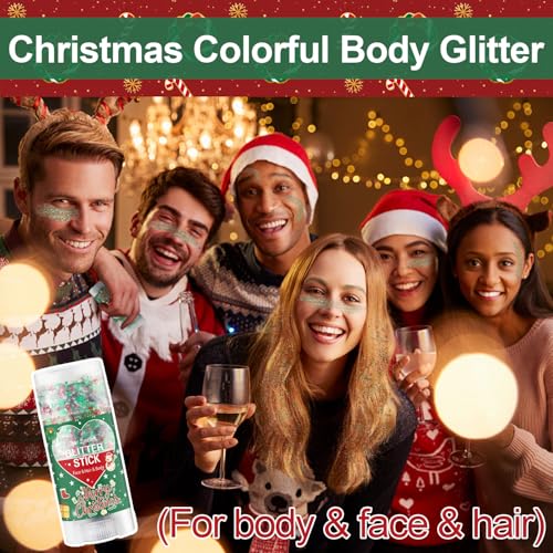 Christmas Body Glitter Stick, Waterproof Halloween Face Glitter Gel, Chunky Glitter Face Paint, Green Red White Sequin Hai...