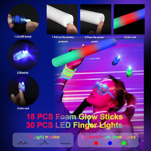 OLUPP 282 PCS Glow in the Dark Party Supplies, 18 Foam Sticks, 18 LED Glasses, 200 Glow Sticks, 30 Finger Lights, 8 Bunny ...