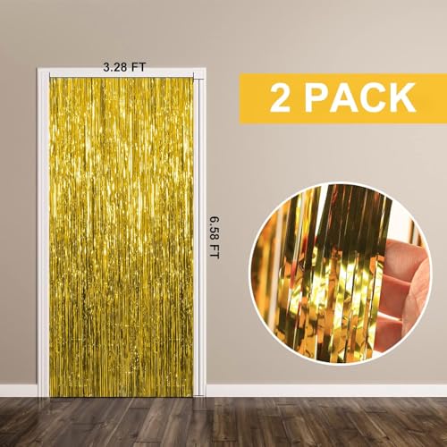 2 Pack Gold Backdrop Birthday Decorations Foil Curtain Backdrop Gold Streamers Dance Party Decorations Photo Booth Props f...