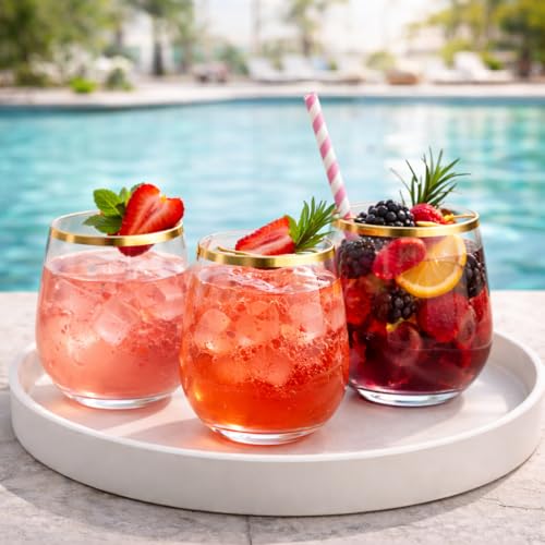 Oojami 36 piece Disposable Stemless Unbreakable Crystal Clear Plastic Wine Glasses Set of 36 (12 Ounce, Gold Rim)