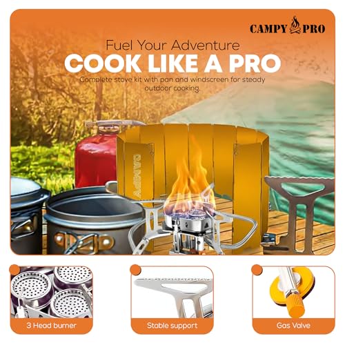 CAMPY PRO 6800 W Portable Gas Stove with Orange 12-Plate Windscreen, Portable Gas Burner, Piezo Ignition, Includes Butane,...