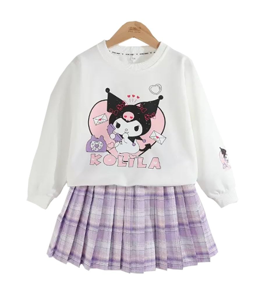 Satdflie Girls 3 Piece Outfits Cartoon Crewneck Long Sleeve Pullover Sweatshirt + Plaid Pleated Mini Skirt + Bag Sets, Purple, M