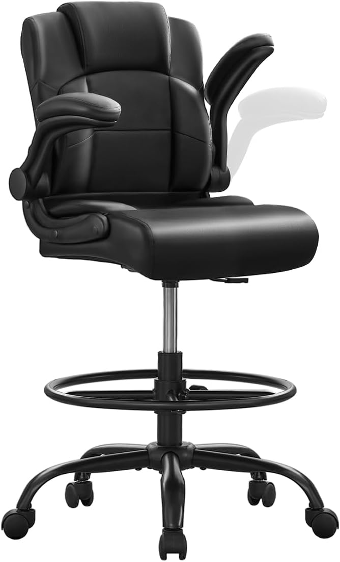 500 lbs Drafting Chair Tall Office Chair with Flip-up Armrests for Standing Desk Executive Ergonomic Computer Leather Desk Chair with Lumbar Support, Adjustable Foot Ring for Home or Drawing Use