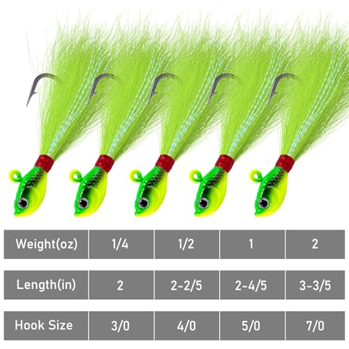 Alwonder 5-Pack Bucktail Jigs Hair Jigs Saltwater Freshwater Fishing Bucktail Lures Surf Fishing Jig Heads White Luminous ...
